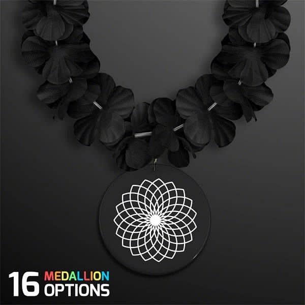 Black Flower Lei Necklace with Medallion (Non-Light Up)