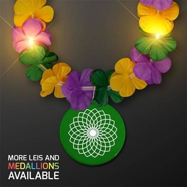Mardi Gras Lei Light Up Flower Necklace with Medallion