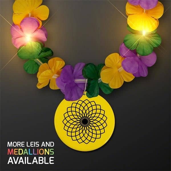 Mardi Gras Lei Light Up Flower Necklace with Medallion