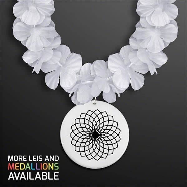 White Flower Lei Necklace with Medallion (Non-Light Up)