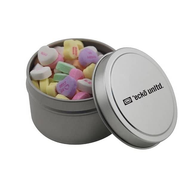 Round Metal Tin with Lid and Conversation Hearts