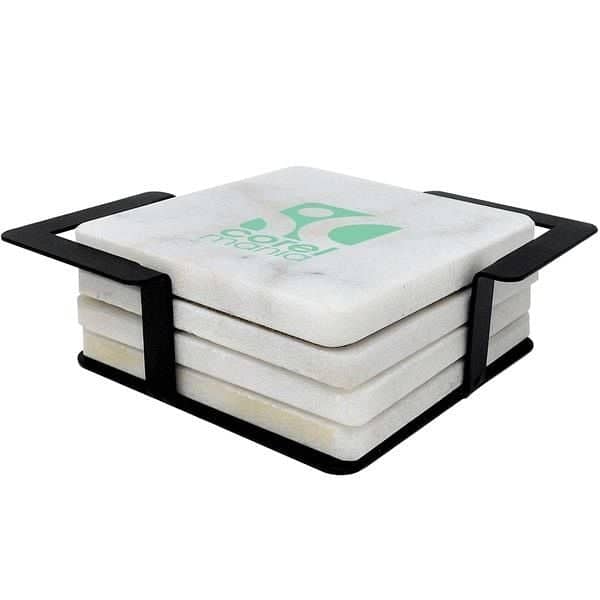 4 Pc. Square White Marble Coaster Set With Black Metal Stand